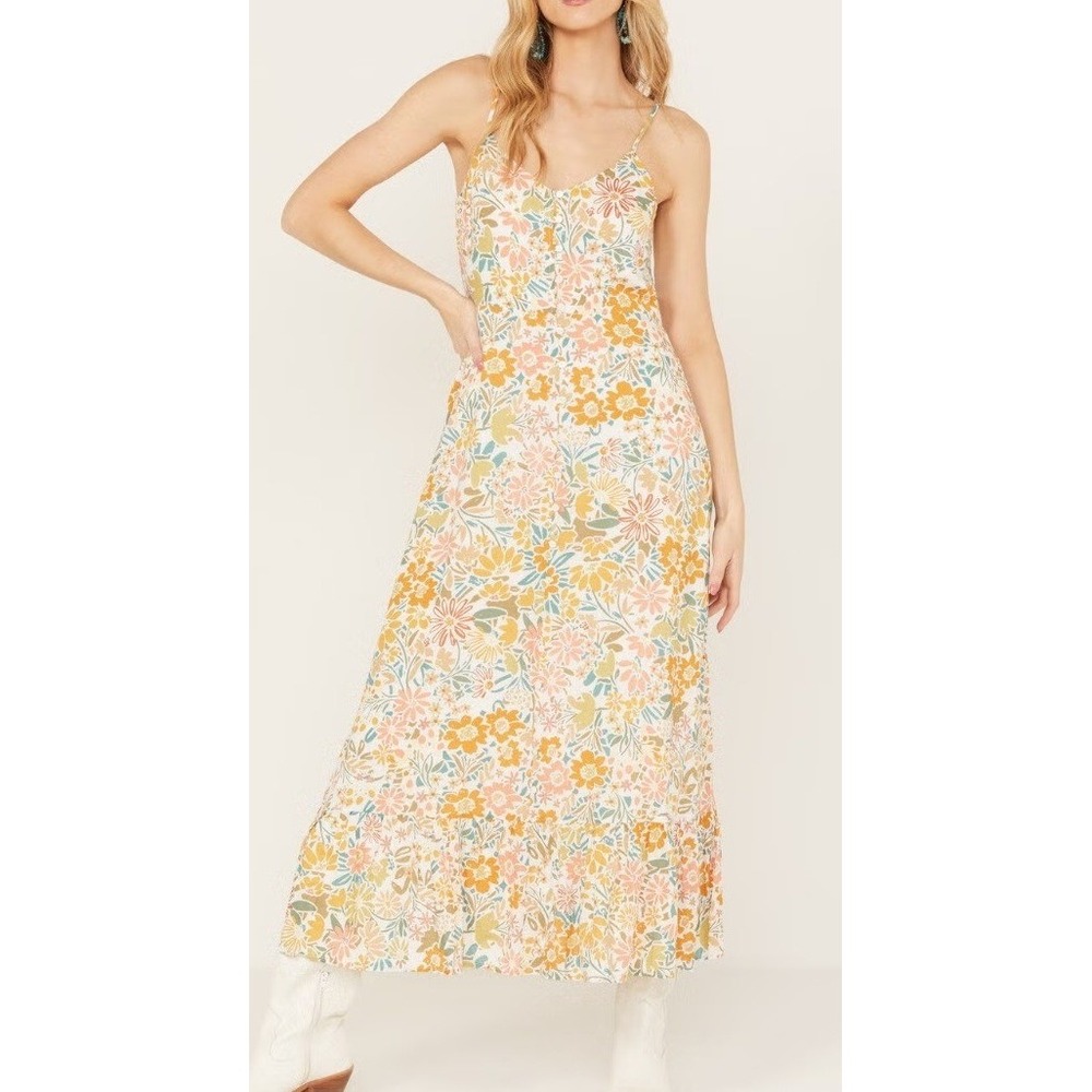 Sadie & Sage Floral Button Front Midi Dress Multi Color Boho Ruffle Hem sz small